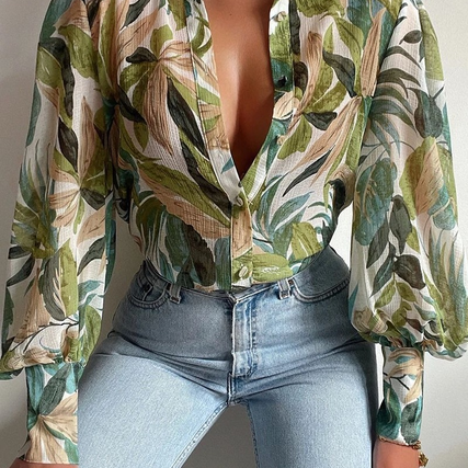 Beatrice | Bluse Damen mit Blumenmuster Puffärmel Knotendetail