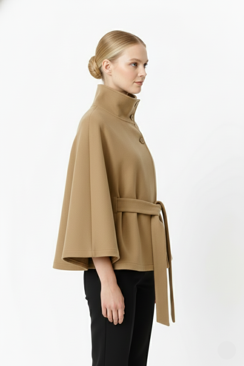 Beatrice | Cape Mantel Damen Wollmischung Stehkragen Gürtel