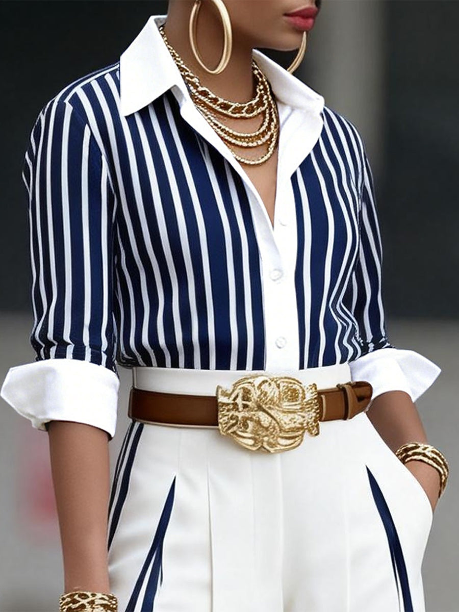 Bernadett | Csíkos Ing és Nadrág Szett Női Galléros Hosszú Ujjú