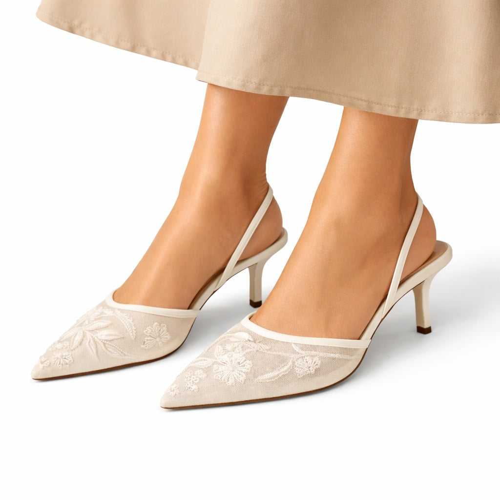Boglárka | Kitten Heels Slingback Cipő Női Hímzett Csipkés