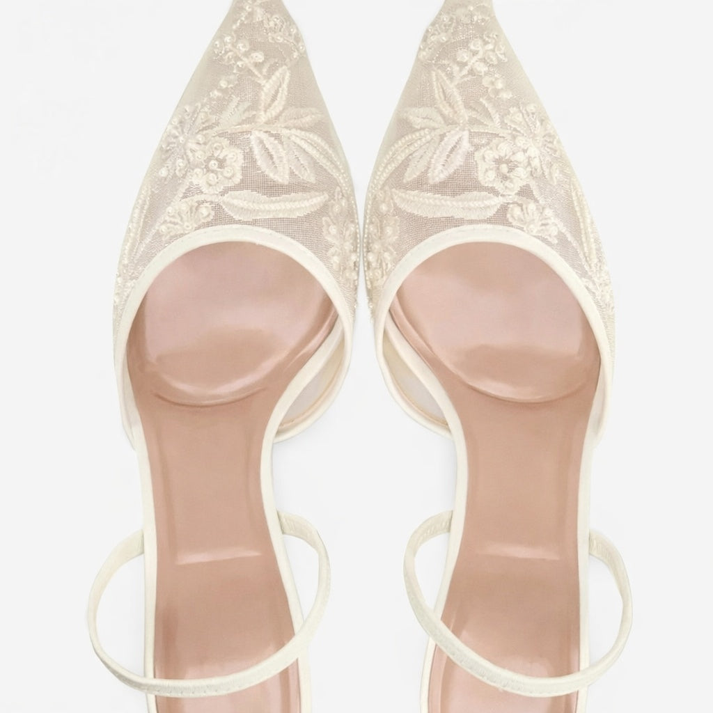 Boglárka | Kitten Heels Slingback Cipő Női Hímzett Csipkés