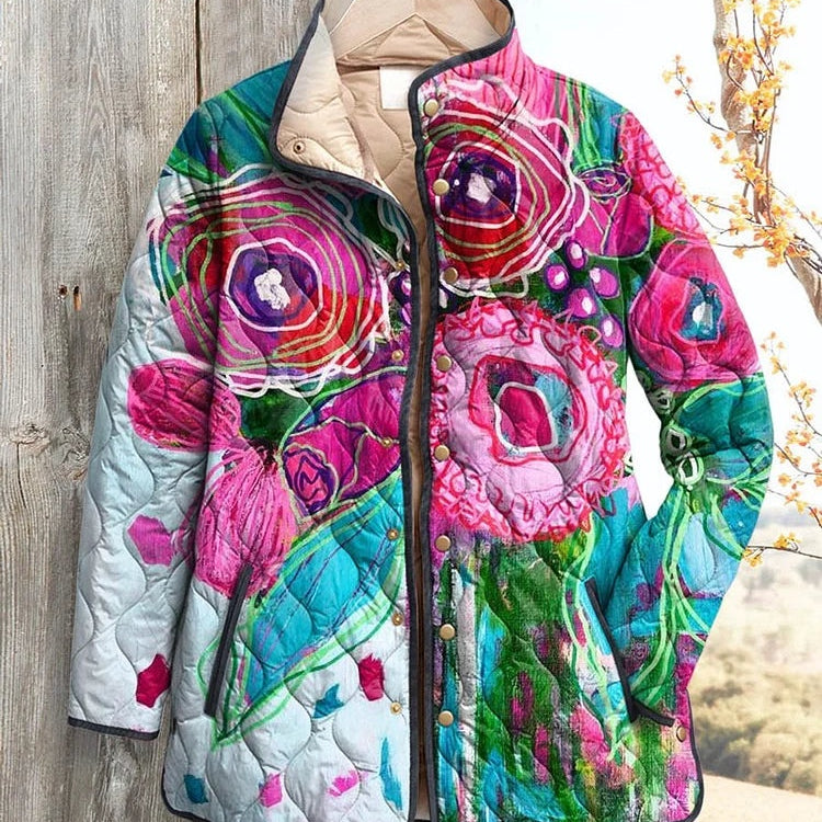 Charlotte | Gesteppte Jacke Damen mit Blumenmuster Stehkragen