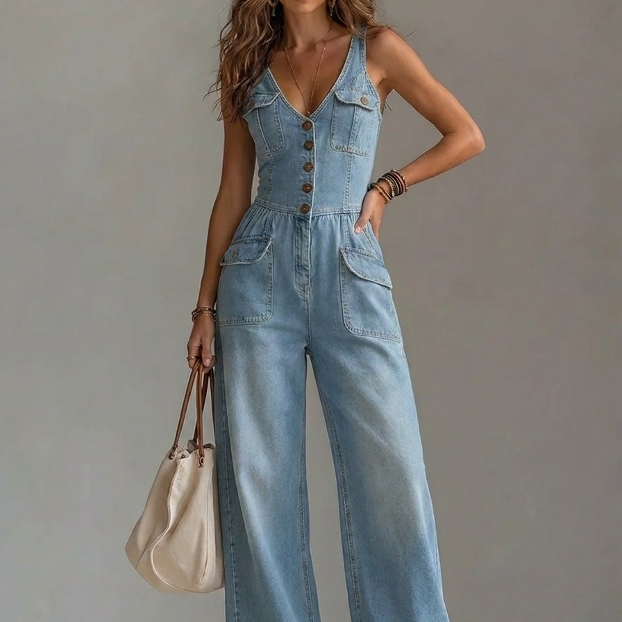 Clara | Denim-Jumpsuit Damen Weites Bein Träger