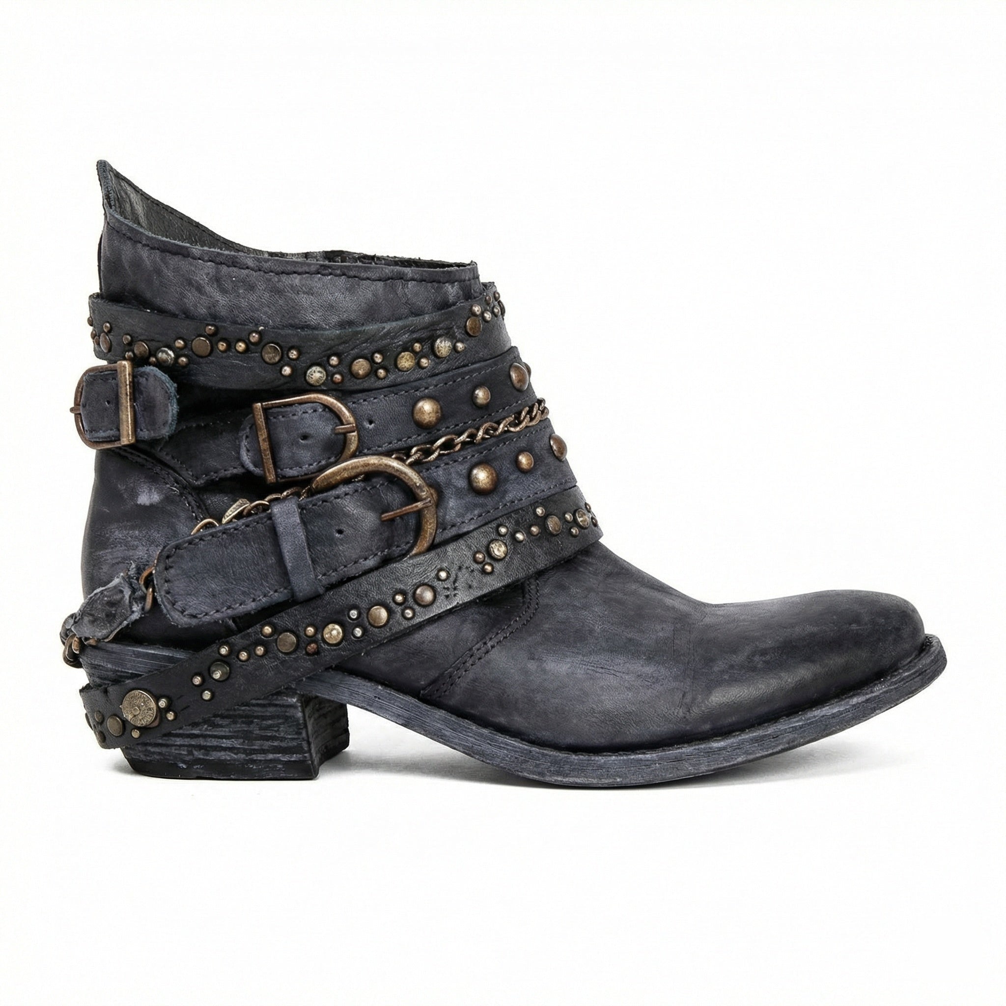 Clara | Stiefelette Damen Leder Nieten Schnallen Vintage