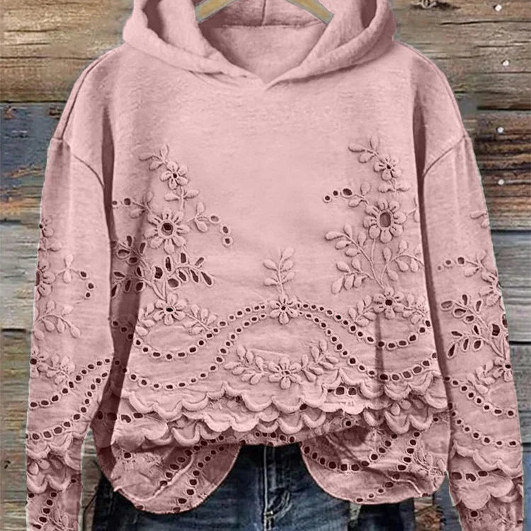 Cornelia | Hoodie Damen mit Spitze Blumenstickerei Langarm