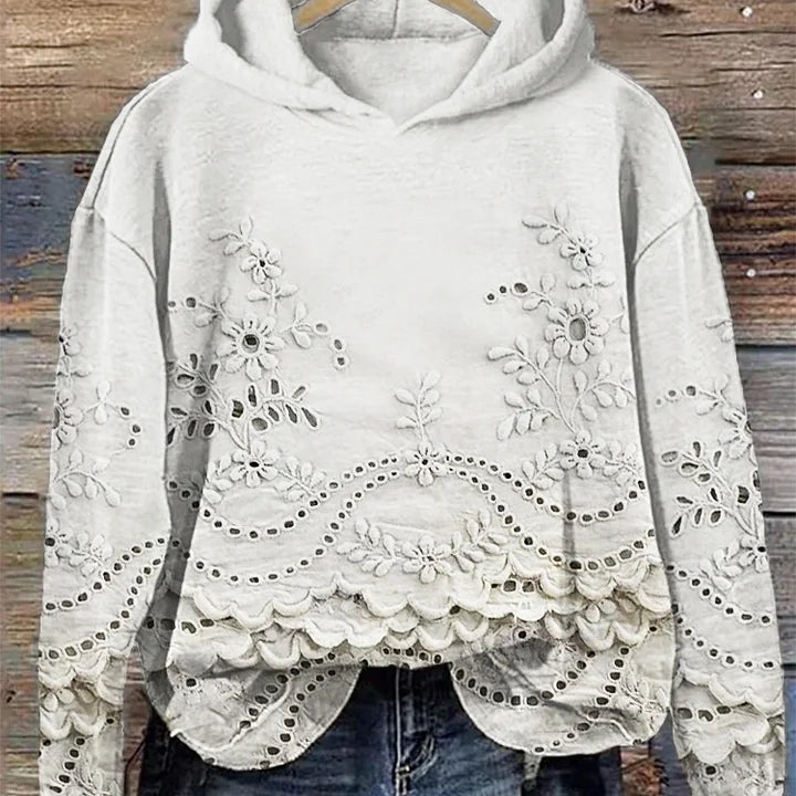Cornelia | Hoodie Damen mit Spitze Blumenstickerei Langarm