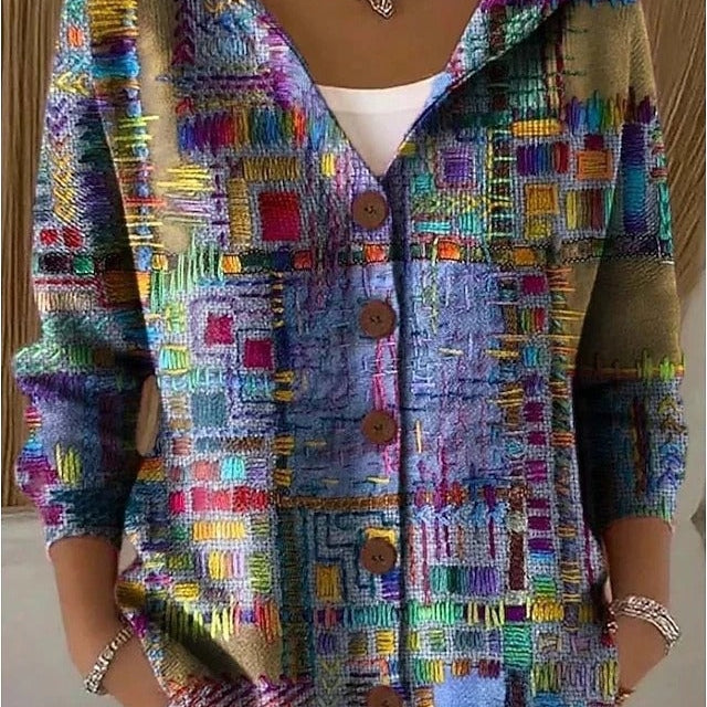 Cornelia | Strickjacke Damen mit Kapuze Grafik-Muster Knopfleiste
