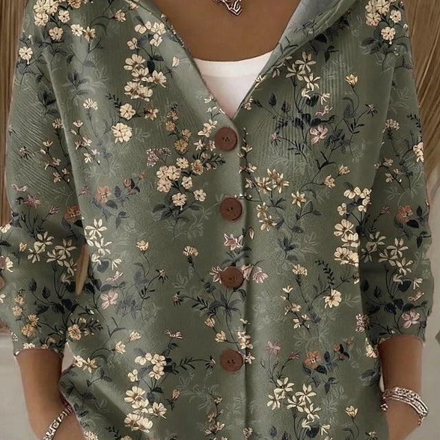 Cornelia | Strickjacke Damen mit Kapuze Grafik-Muster Knopfleiste