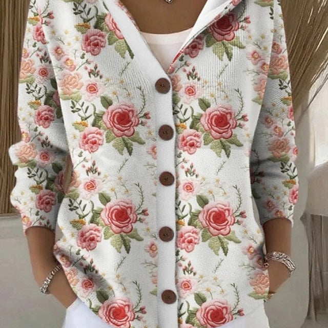 Cornelia | Strickjacke Damen mit Kapuze Grafik-Muster Knopfleiste