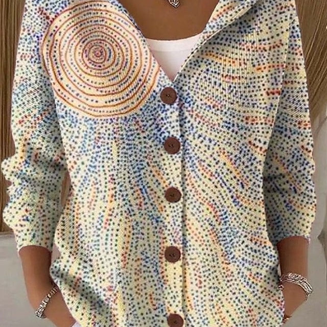 Cornelia | Strickjacke Damen mit Kapuze Grafik-Muster Knopfleiste