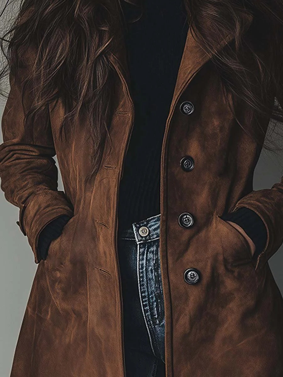 Curdin | Trenchcoat Damen Wildleder-Optik Zweireihig Midi