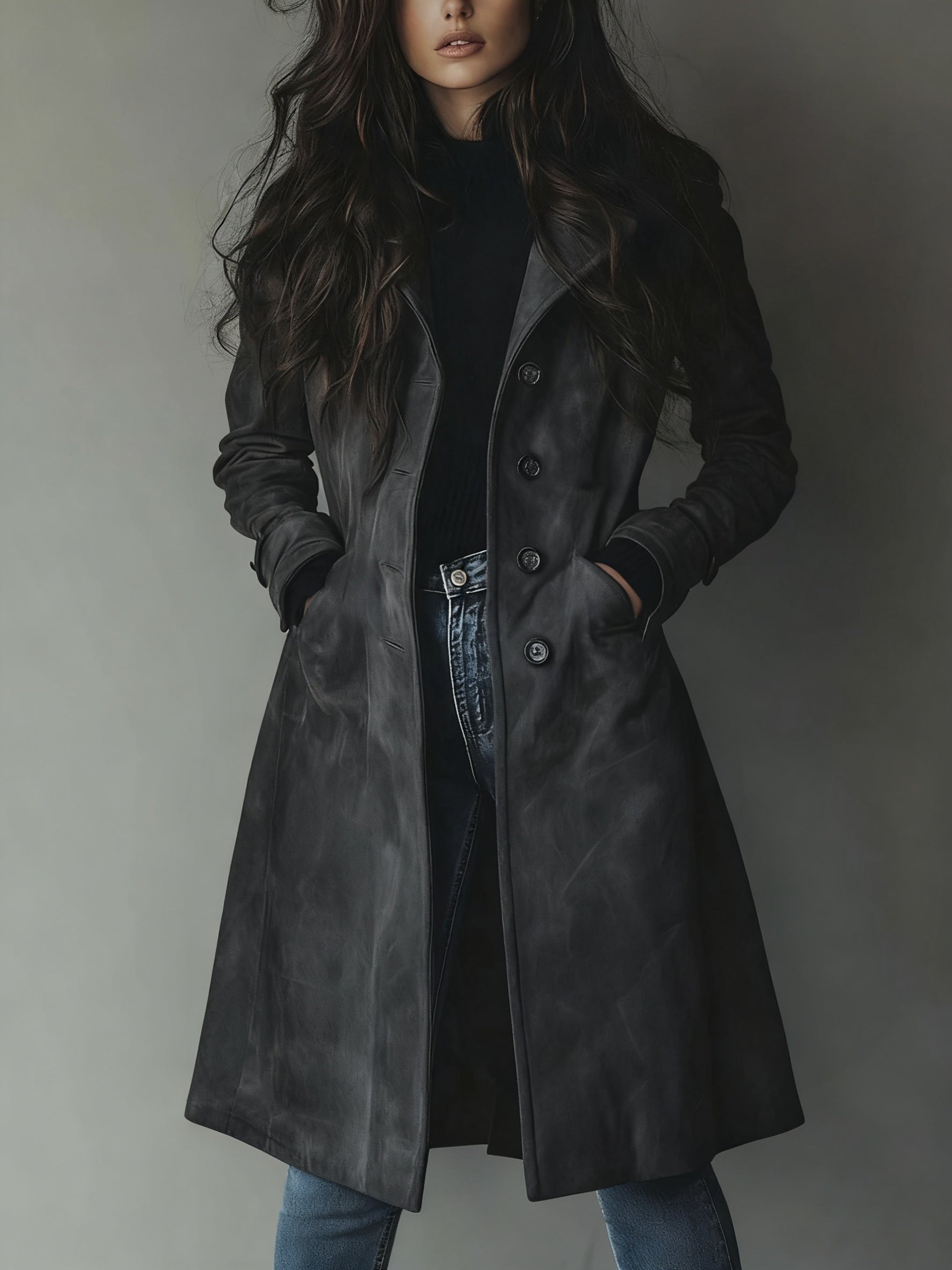 Curdin | Trenchcoat Damen Wildleder-Optik Zweireihig Midi