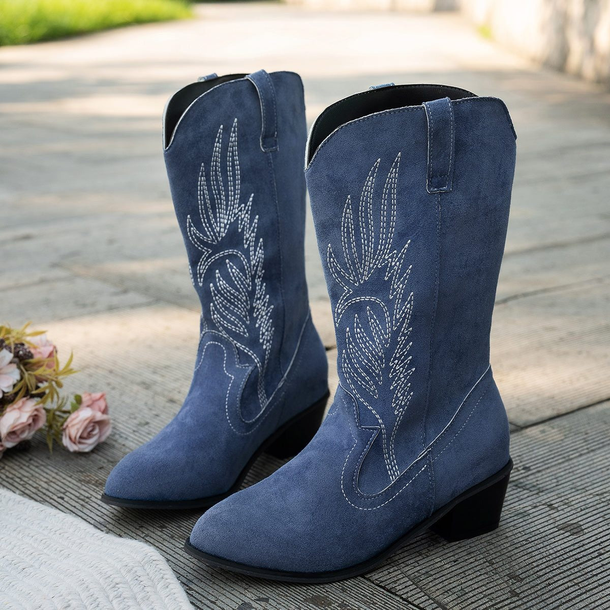 Daniela | Cowboy Stiefel Damen Wildleder Stickerei Kniehohe