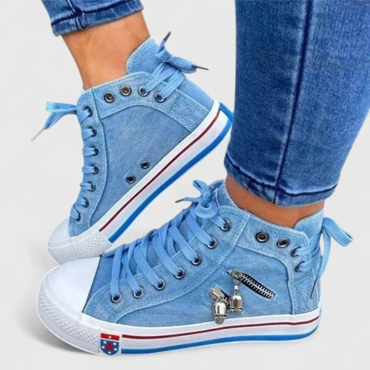 Elena | High-Top Sneaker Damen Denim Schnürschuh mit Reissverschluss