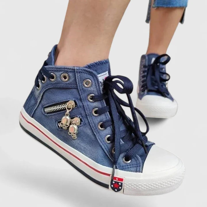 Elena | High-Top Sneaker Damen Denim Schnürschuh mit Reissverschluss