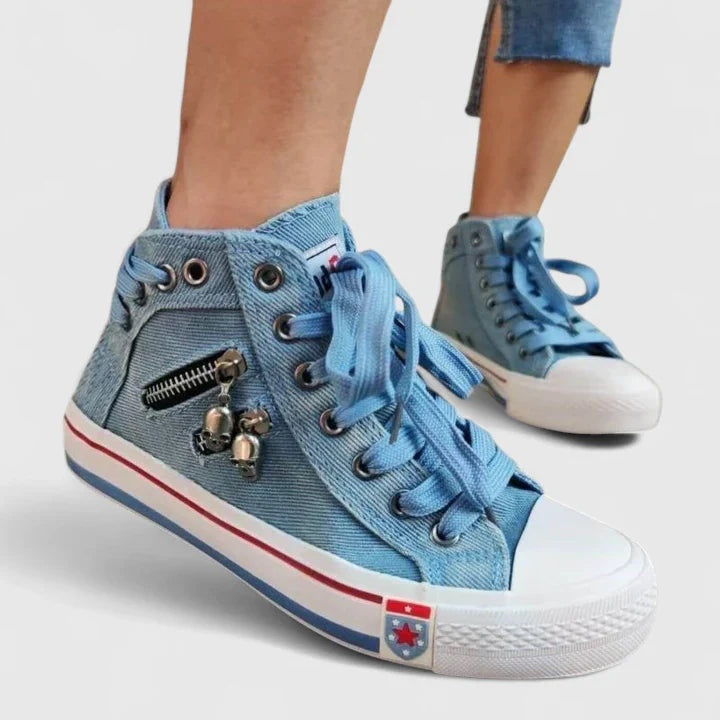 Elena | High-Top Sneaker Damen Denim Schnürschuh mit Reissverschluss