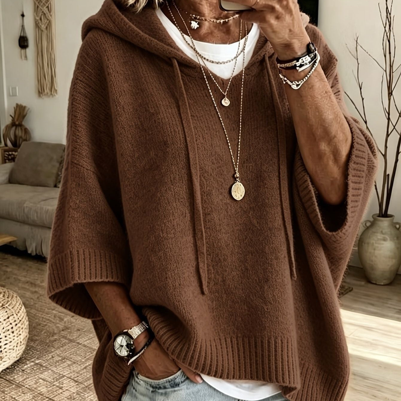 Elisa | Strickponcho mit Kapuze Damen Oversize