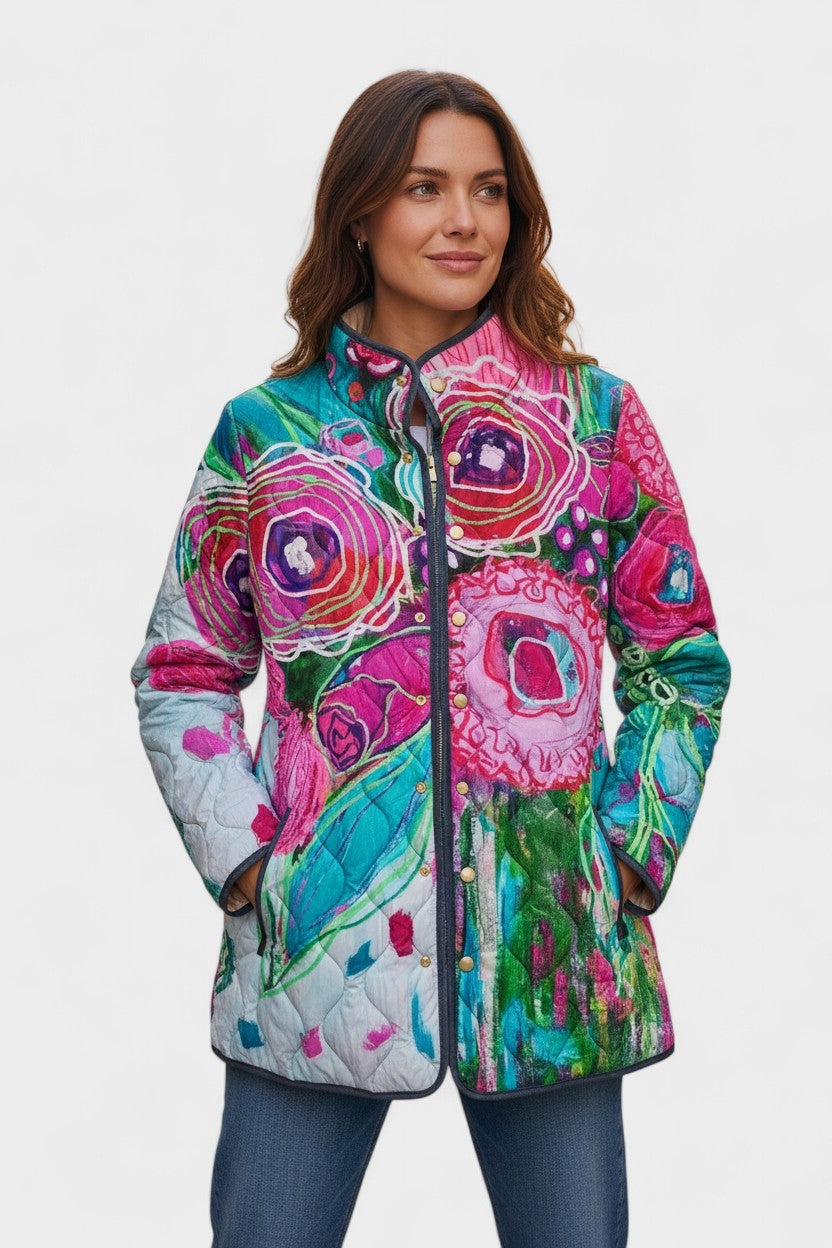 Estelle | Steppjacke Damen Patchwork Floral Stehkragen