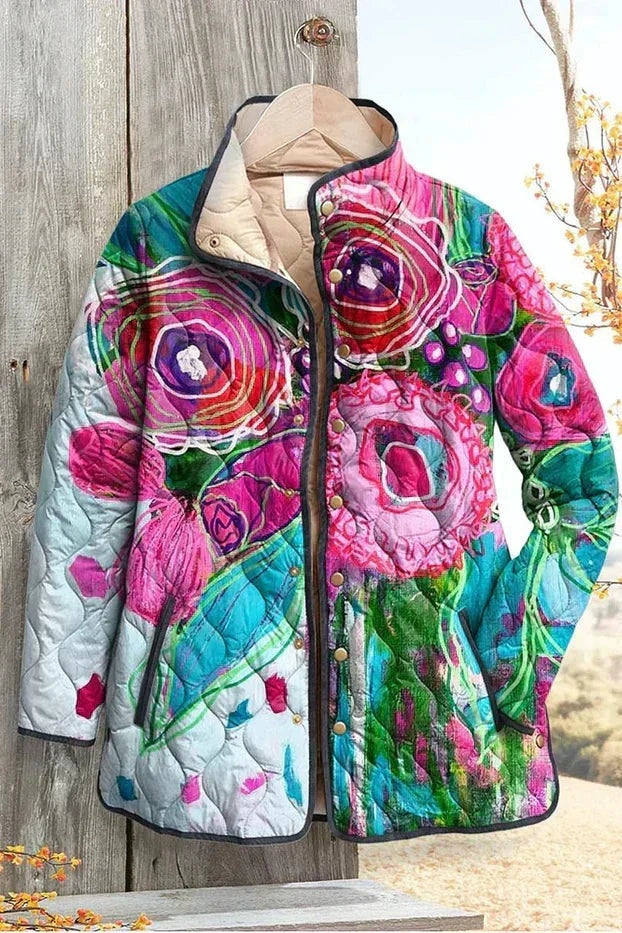 Estelle | Steppjacke Damen Patchwork Floral Stehkragen