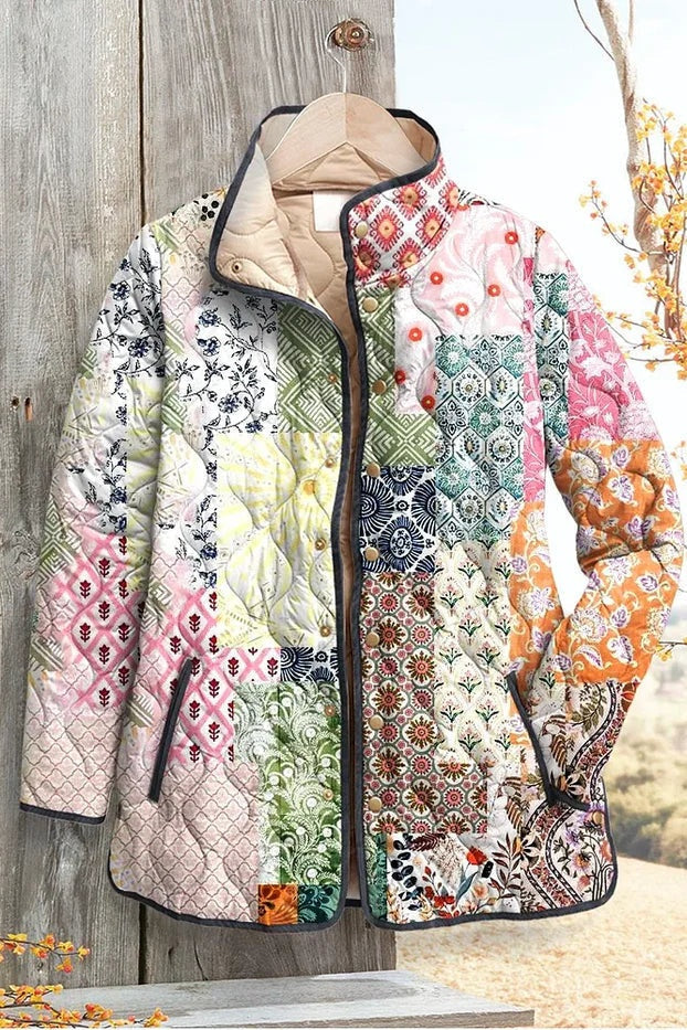 Estelle | Steppjacke Damen Patchwork Floral Stehkragen