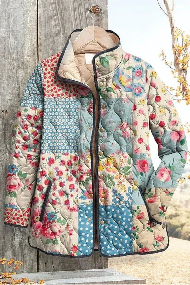 Estelle | Steppjacke Damen Patchwork Floral Stehkragen