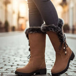Estelle | Winterstiefel Damen Kunstfell Kniehohe Stiefel Blockabsatz