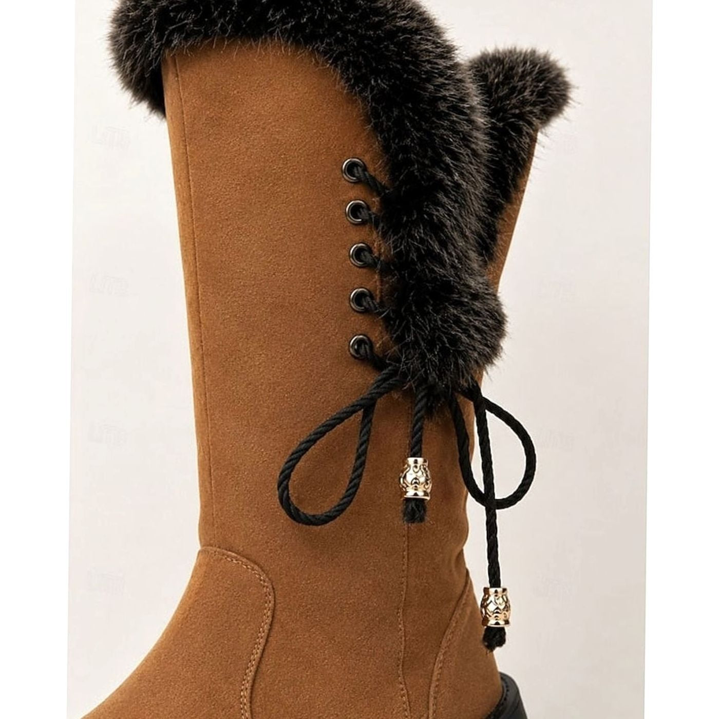 Estelle | Winterstiefel Damen Kunstfell Kniehohe Stiefel Blockabsatz