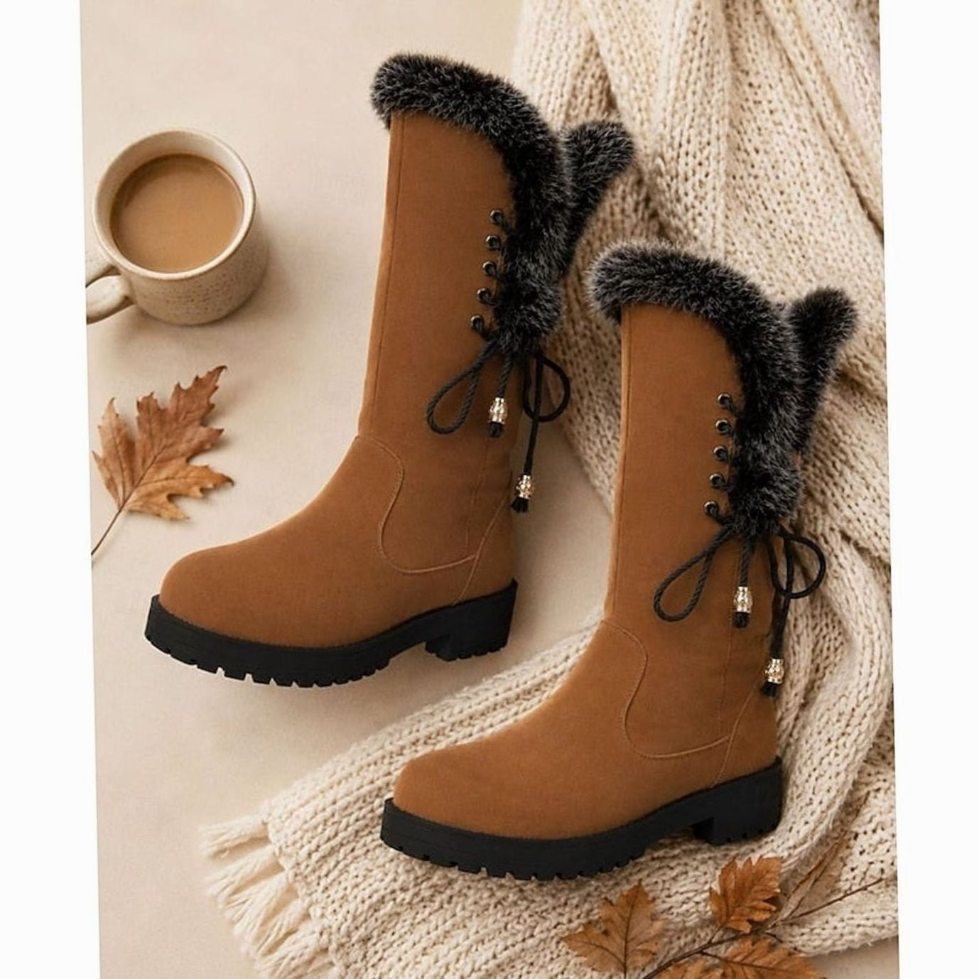 Estelle | Winterstiefel Damen Kunstfell Kniehohe Stiefel Blockabsatz