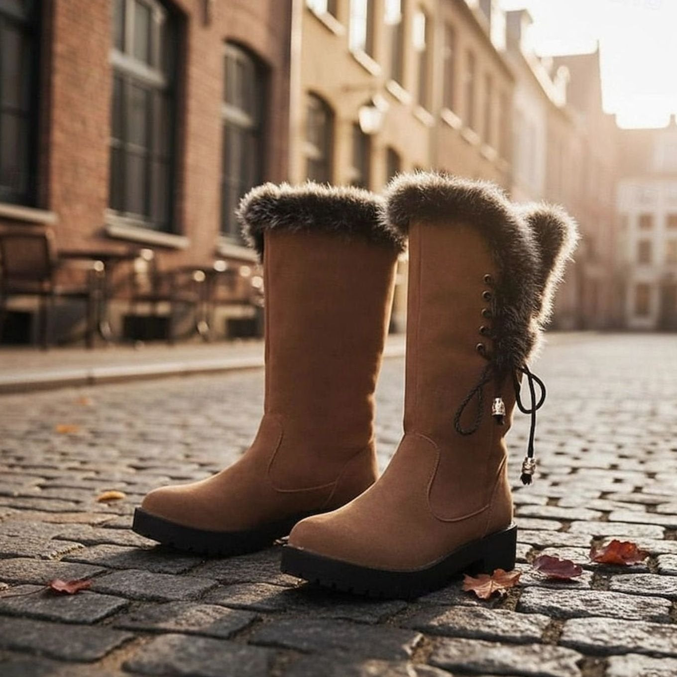 Estelle | Winterstiefel Damen Kunstfell Kniehohe Stiefel Blockabsatz