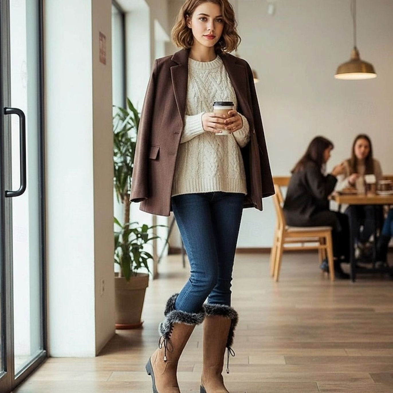 Estelle | Winterstiefel Damen Kunstfell Kniehohe Stiefel Blockabsatz