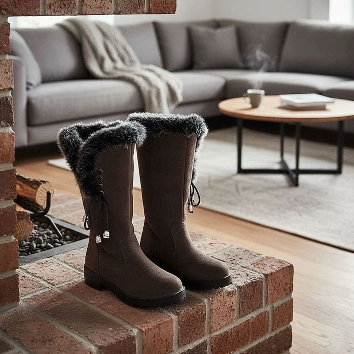 Estelle | Winterstiefel Damen Kunstfell Kniehohe Stiefel Blockabsatz