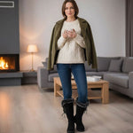 Estelle | Winterstiefel Damen Kunstfell Kniehohe Stiefel Blockabsatz