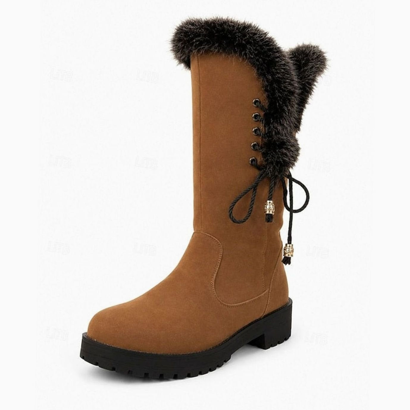 Estelle | Winterstiefel Damen Kunstfell Kniehohe Stiefel Blockabsatz