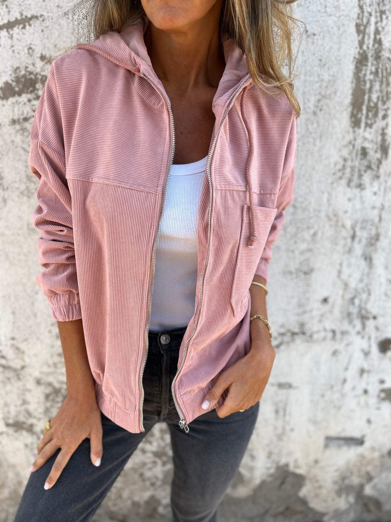 Fiona | Fleecejacke Damen mit Kapuze Reissverschluss Gerippt