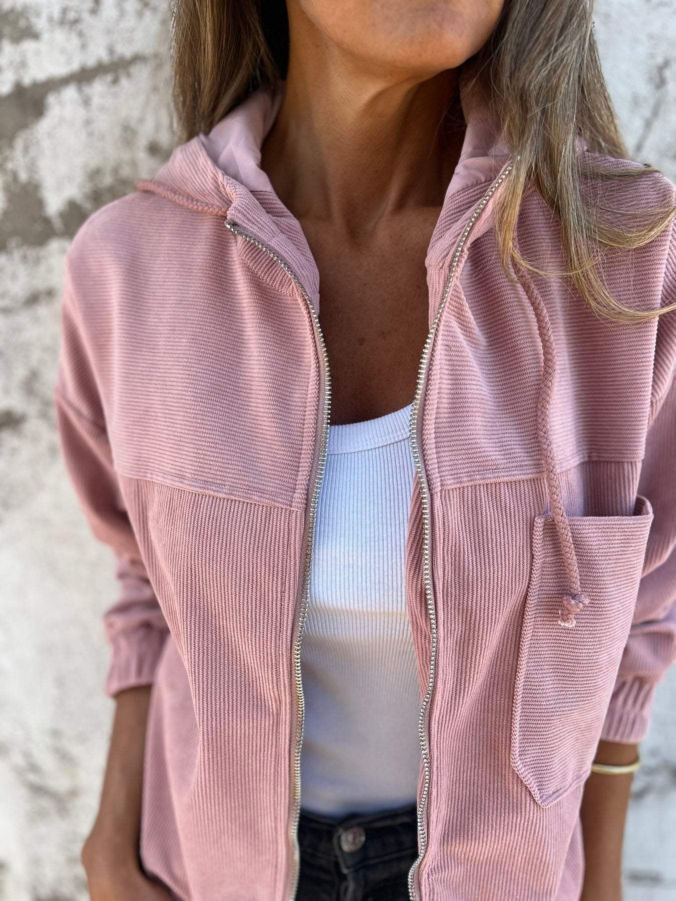Fiona | Fleecejacke Damen mit Kapuze Reissverschluss Gerippt