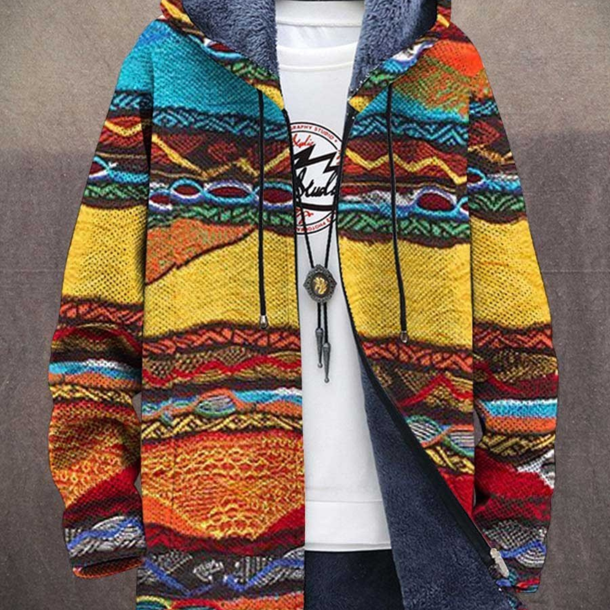 Florian | Strickjacke Herren mit Kapuze Ethno-Muster Fleece-Futter