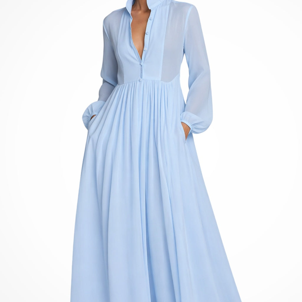 Franziska | Abendkleid Lang Damen Langarm Knopfleiste mit Taschen