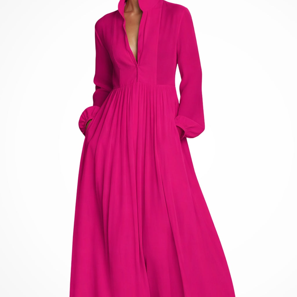 Franziska | Abendkleid Lang Damen Langarm Knopfleiste mit Taschen