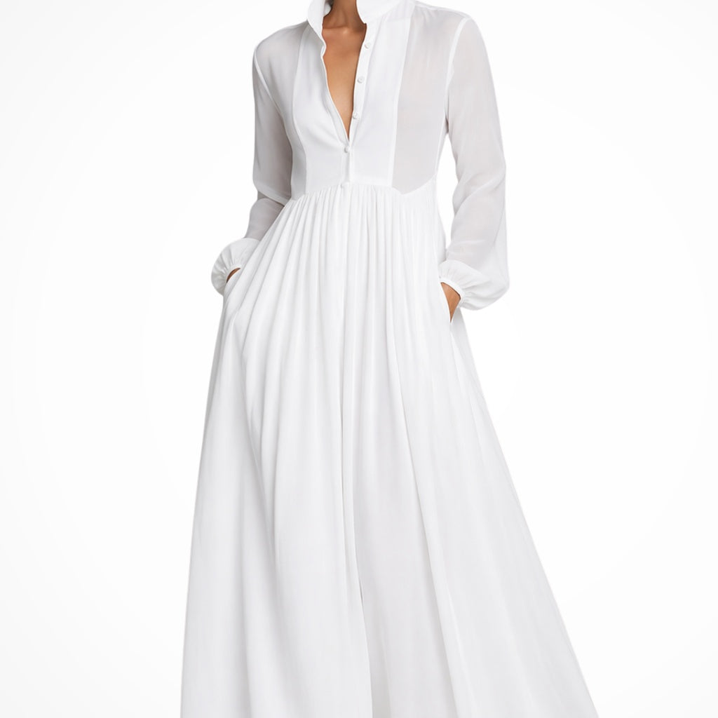 Franziska | Abendkleid Lang Damen Langarm Knopfleiste mit Taschen