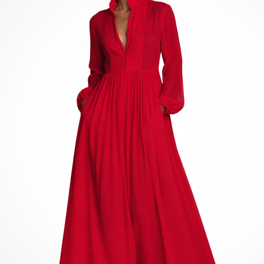 Franziska | Abendkleid Lang Damen Langarm Knopfleiste mit Taschen
