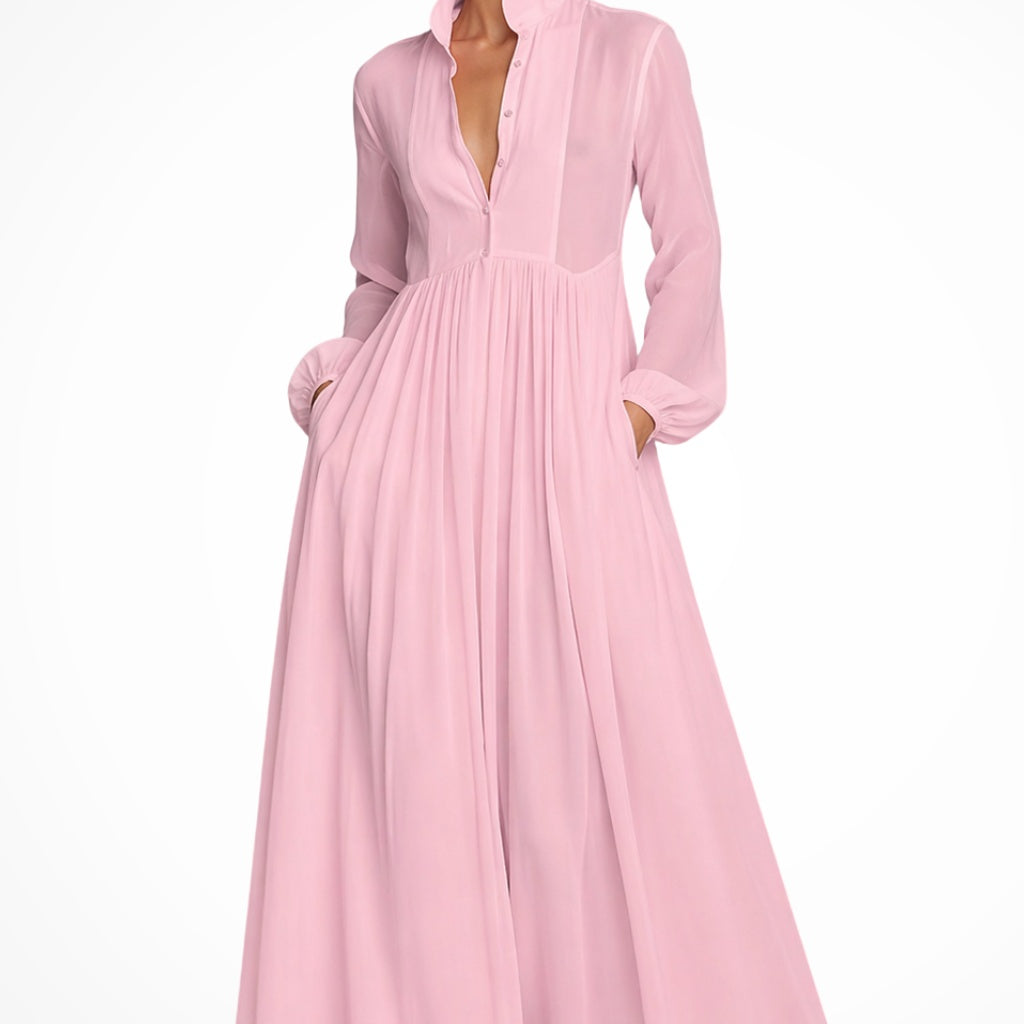 Franziska | Abendkleid Lang Damen Langarm Knopfleiste mit Taschen