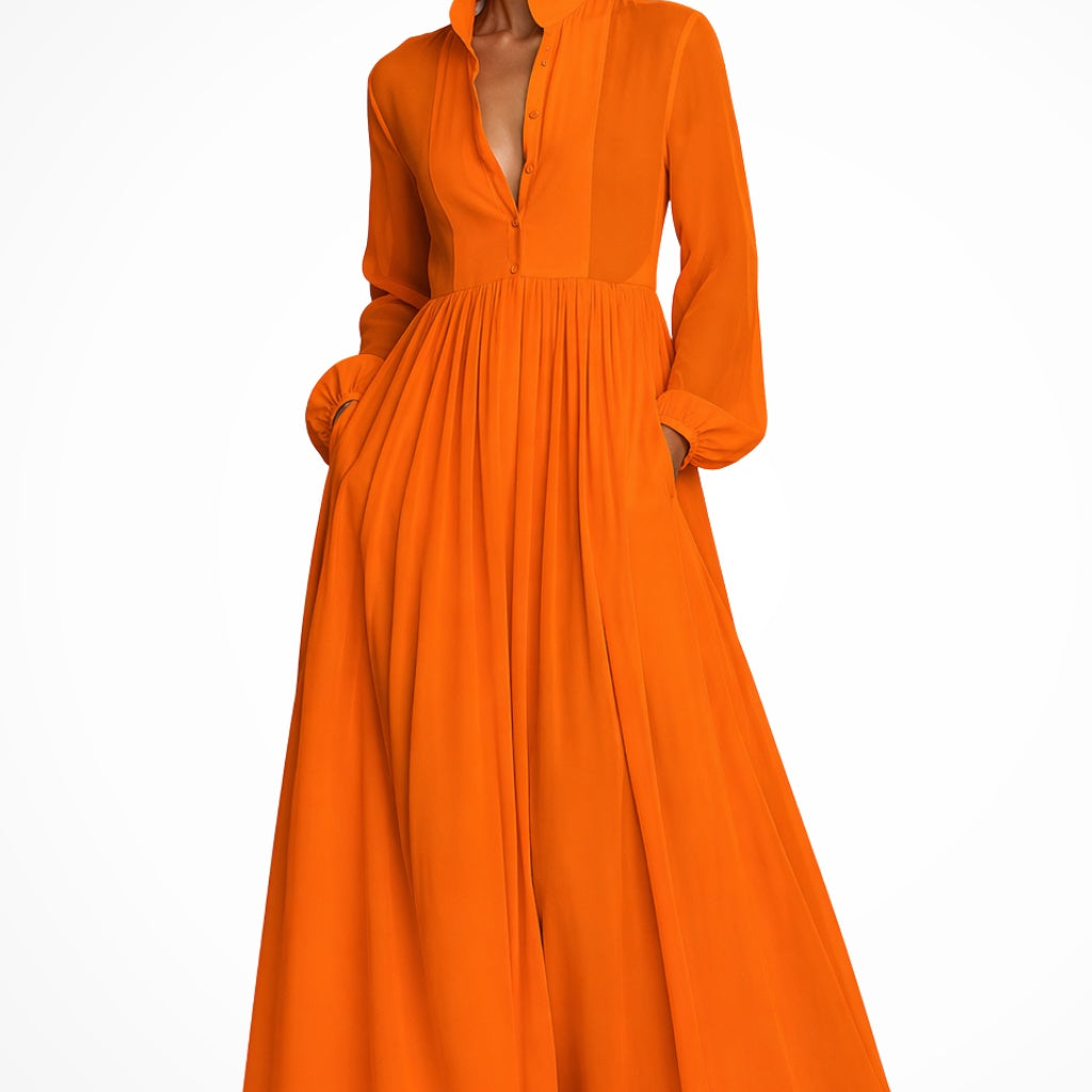 Franziska | Abendkleid Lang Damen Langarm Knopfleiste mit Taschen