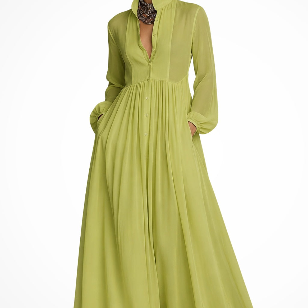 Franziska | Abendkleid Lang Damen Langarm Knopfleiste mit Taschen