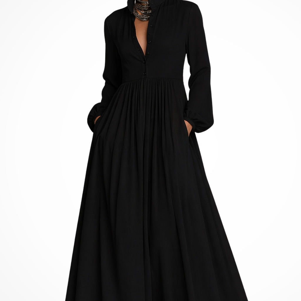 Franziska | Abendkleid Lang Damen Langarm Knopfleiste mit Taschen