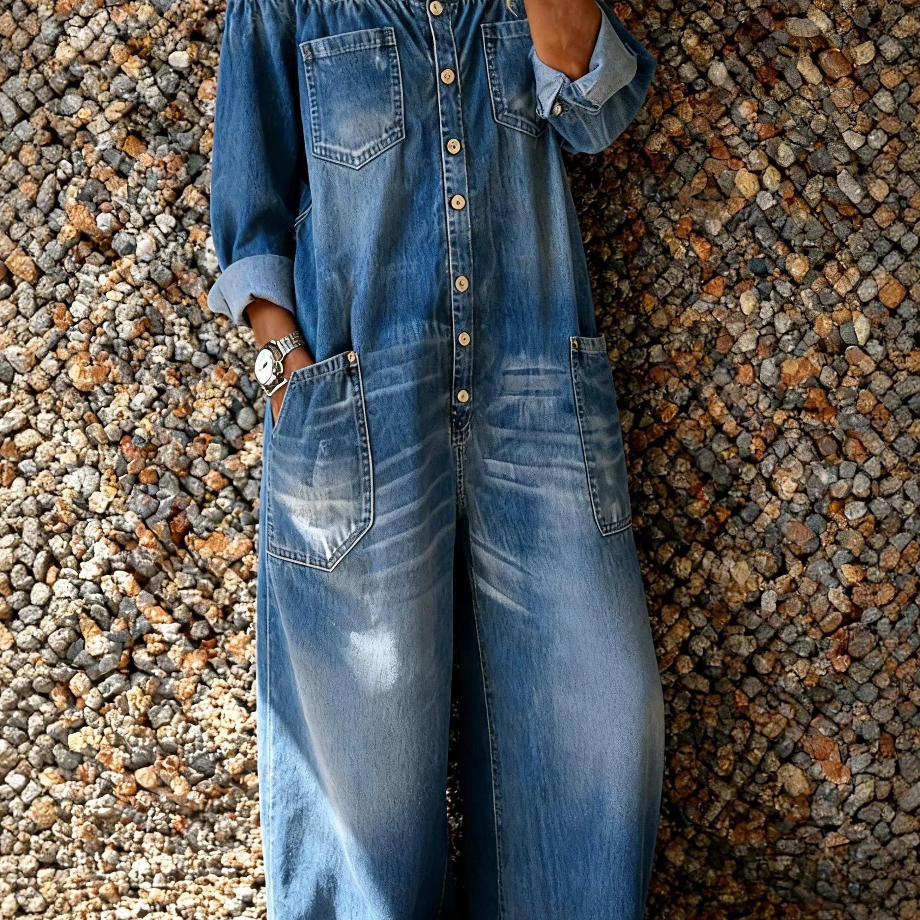 Franziska | Denim Overall Damen Off-Shoulder Weitbein Knopfleiste