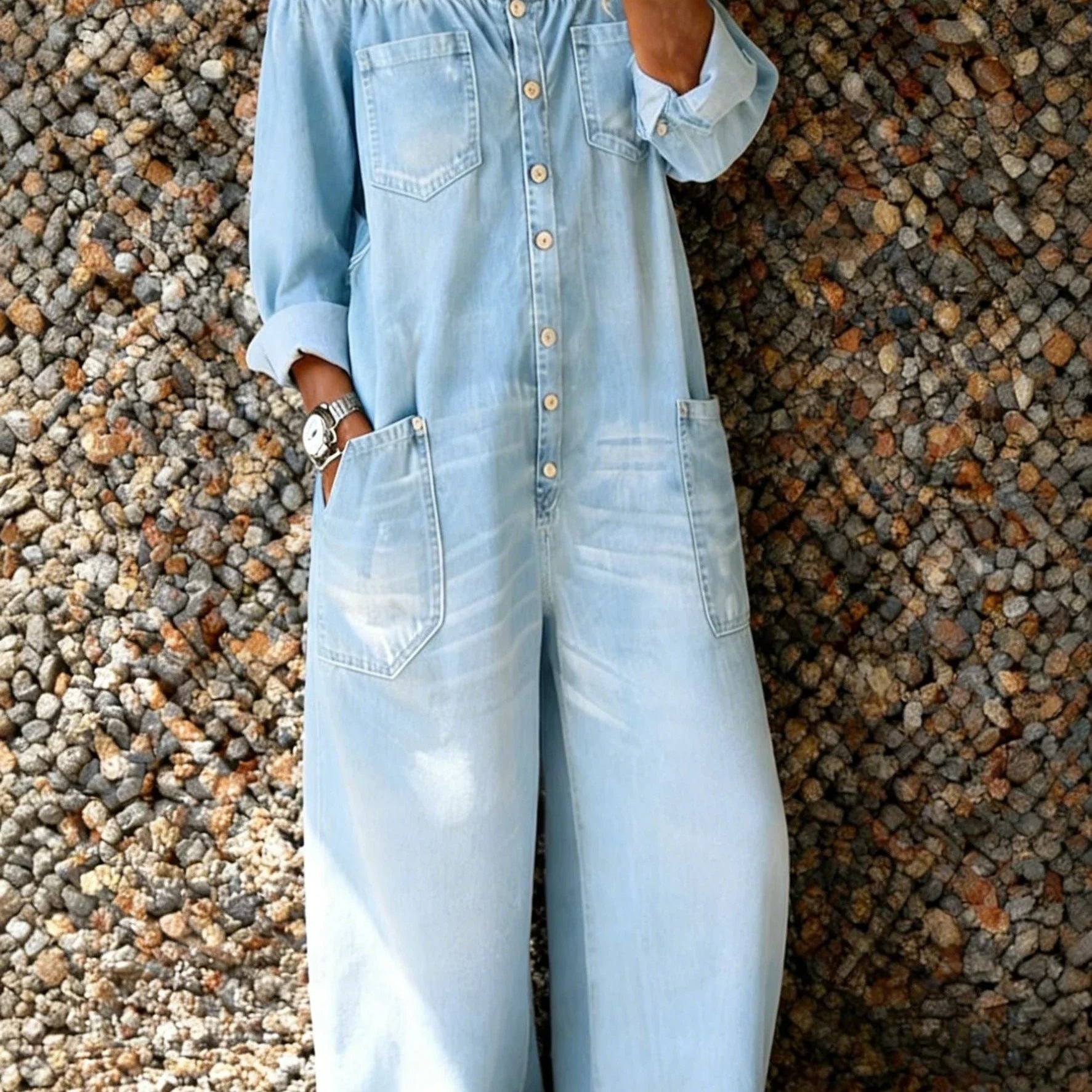 Franziska | Denim Overall Damen Off-Shoulder Weitbein Knopfleiste