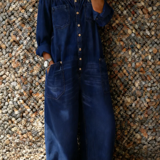 Franziska | Denim Overall Damen Off-Shoulder Weitbein Knopfleiste
