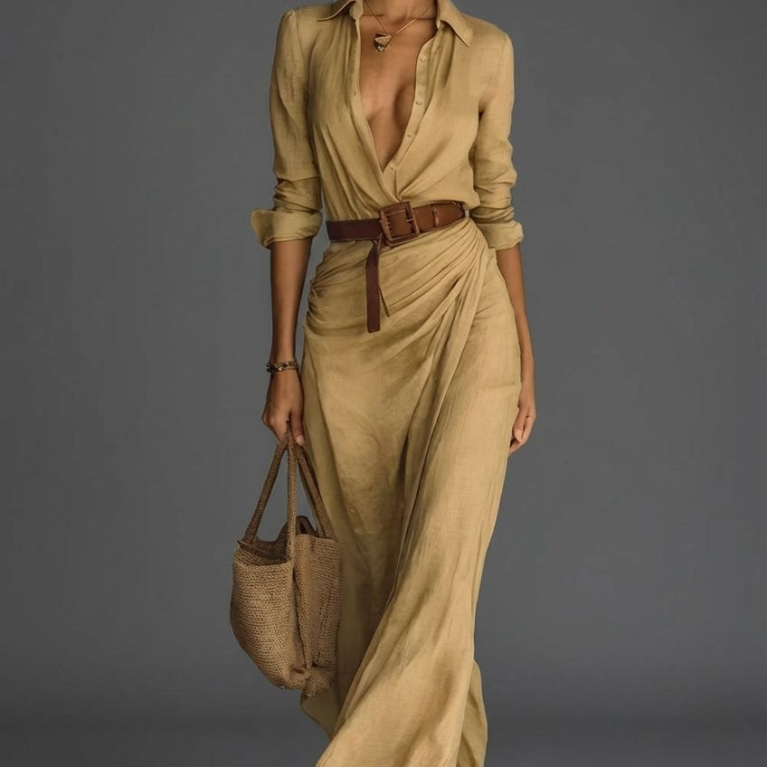 Frieda | Maxi Wickelkleid Damen Langarm mit Gürtel