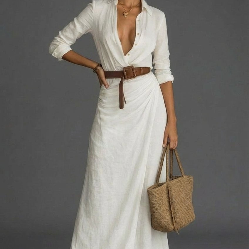 Frieda | Maxi Wickelkleid Damen Langarm mit Gürtel