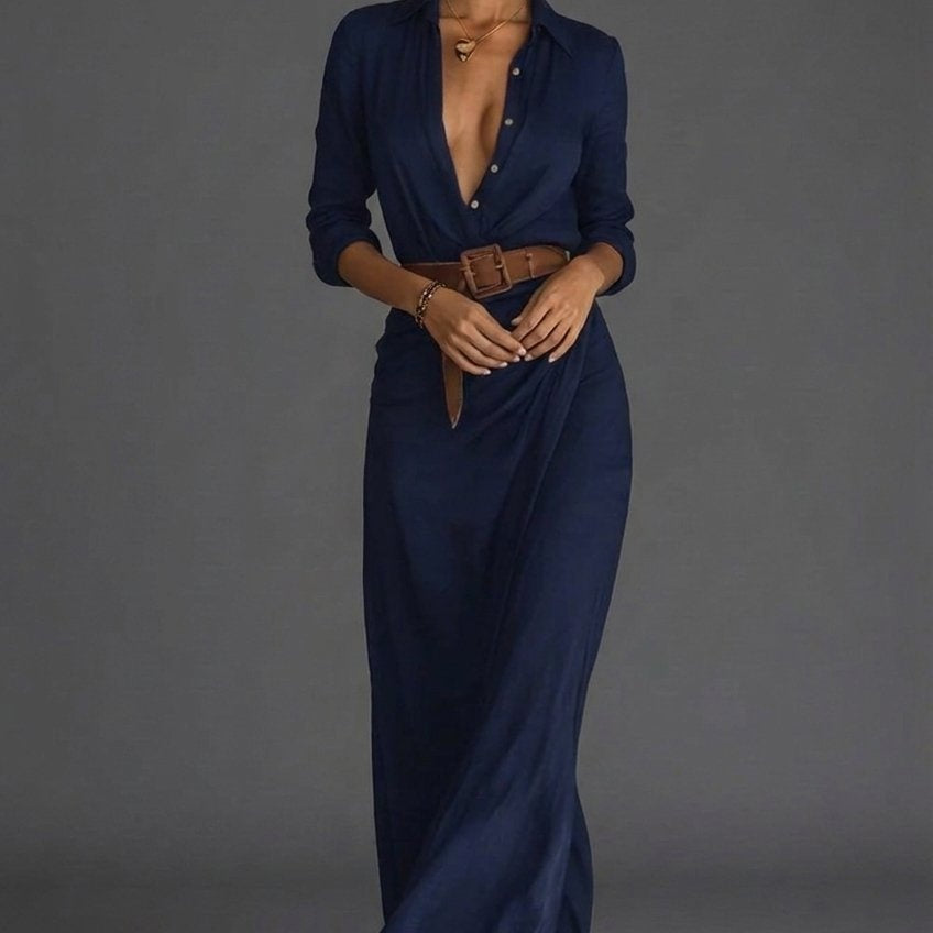 Frieda | Maxi Wickelkleid Damen Langarm mit Gürtel